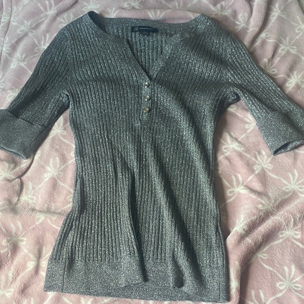 INC International Concepts Metallic Silver Ribbed Henley Top